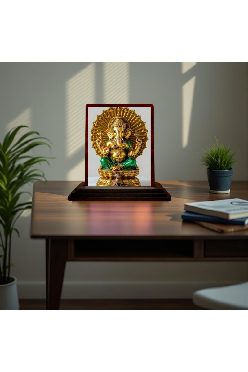 Car Desk/Table Top Lord Ganesha Wooden Photo Stand 3x4 Inches, Compact & Stylish Spiritual Display For Car, Home & Office (Pack Of 1) (F15160)