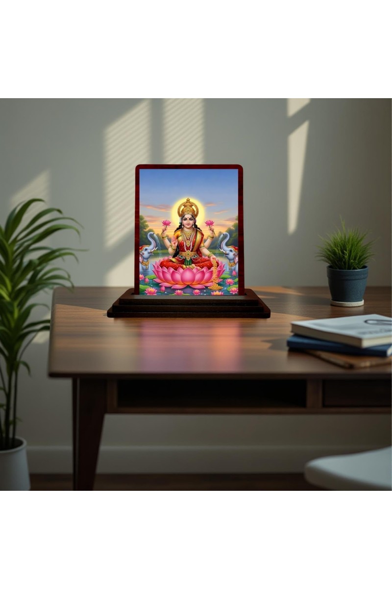 Car Desk/Table Top Maa Laxmi Wooden Photo Stand 3x4 Inches, Compact & Stylish Spiritual Display For Car, Home & Office (Pack Of 1) (F15134)