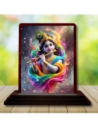 Car Desk/Table Top Lord Krishna Wooden Photo Stand 3x4 Inches, Compact & Stylish Spiritual Display For Car, Home & Office (Pack Of 1) (F14216)