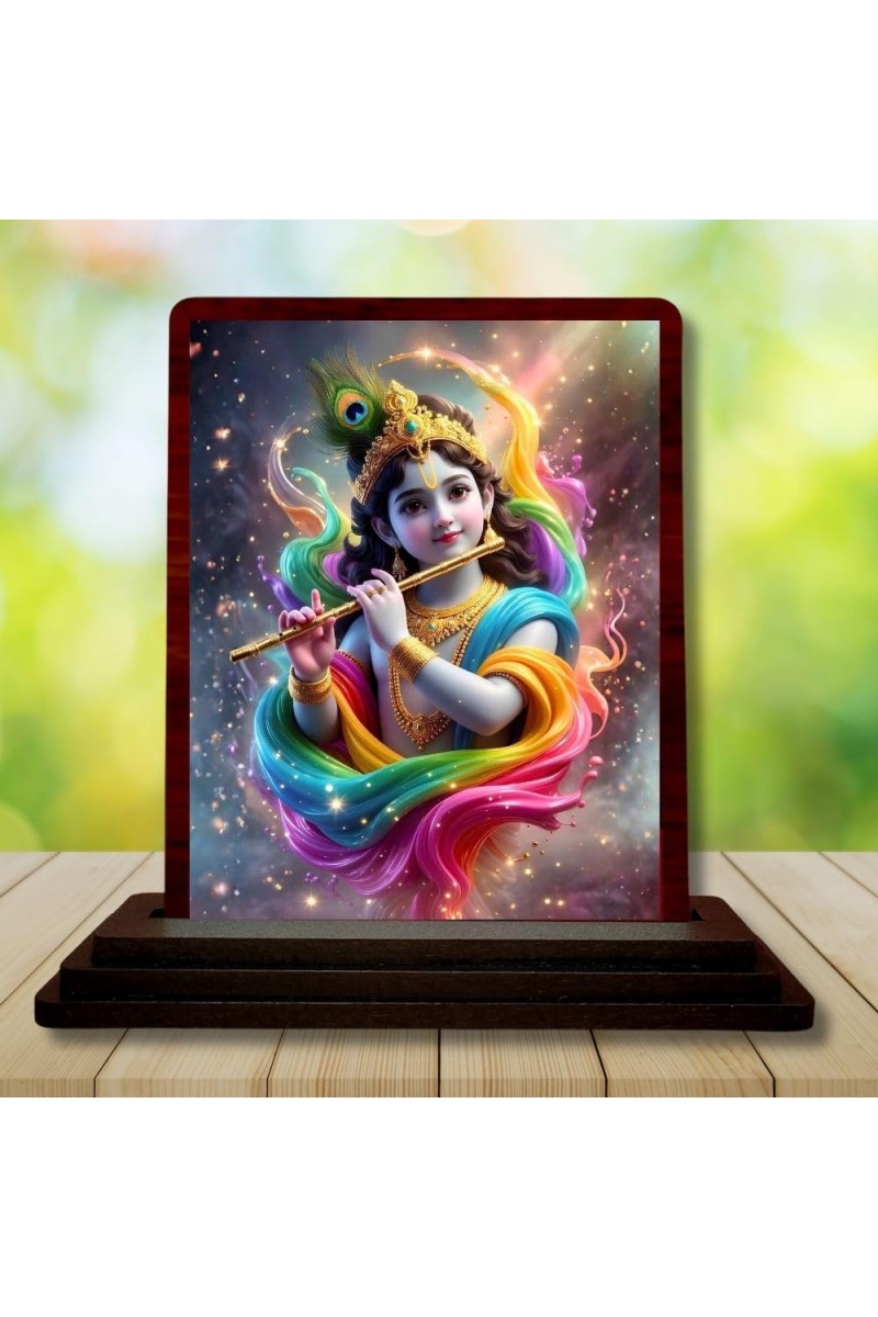 Car Desk/Table Top Lord Krishna Wooden Photo Stand 3x4 Inches, Compact & Stylish Spiritual Display For Car, Home & Office (Pack Of 1) (F14216)
