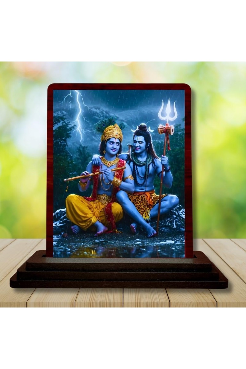 Car Desk/Table Top Lord Shiva And Shri Krishna Wooden Photo Stand 3x4 Inches, Compact & Stylish Spiritual Display For Car, Home & Office (Pack Of 1) (F14133)