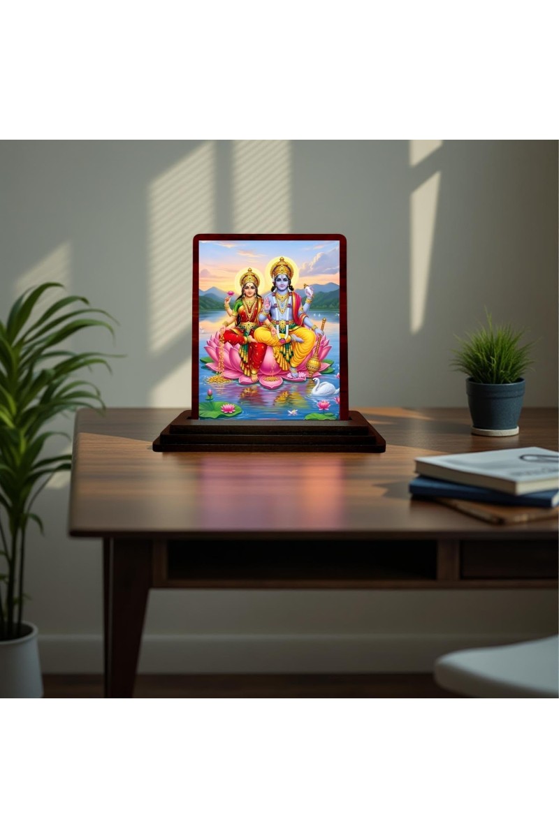 Car Desk/Table Top Lord Vishnu Laxmi Wooden Photo Stand 3x4 Inches, Compact & Stylish Spiritual Display For Car, Home & Office (Pack Of 1) (F15108)