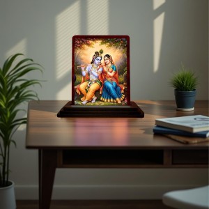 Car Desk/Table Top Radha Krishna Wooden Photo Stand 3x4 Inches, Compact & Stylish Spiritual Display For Car, Home & Office (Pack Of 1) (F14489)