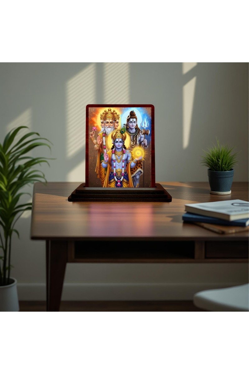 Car Desk/Table Top Lord Vishnu Shankar Bramha Wooden Photo Stand 3x4 Inches, Compact & Stylish Spiritual Display For Car, Home & Office (Pack Of 1) (F15142)