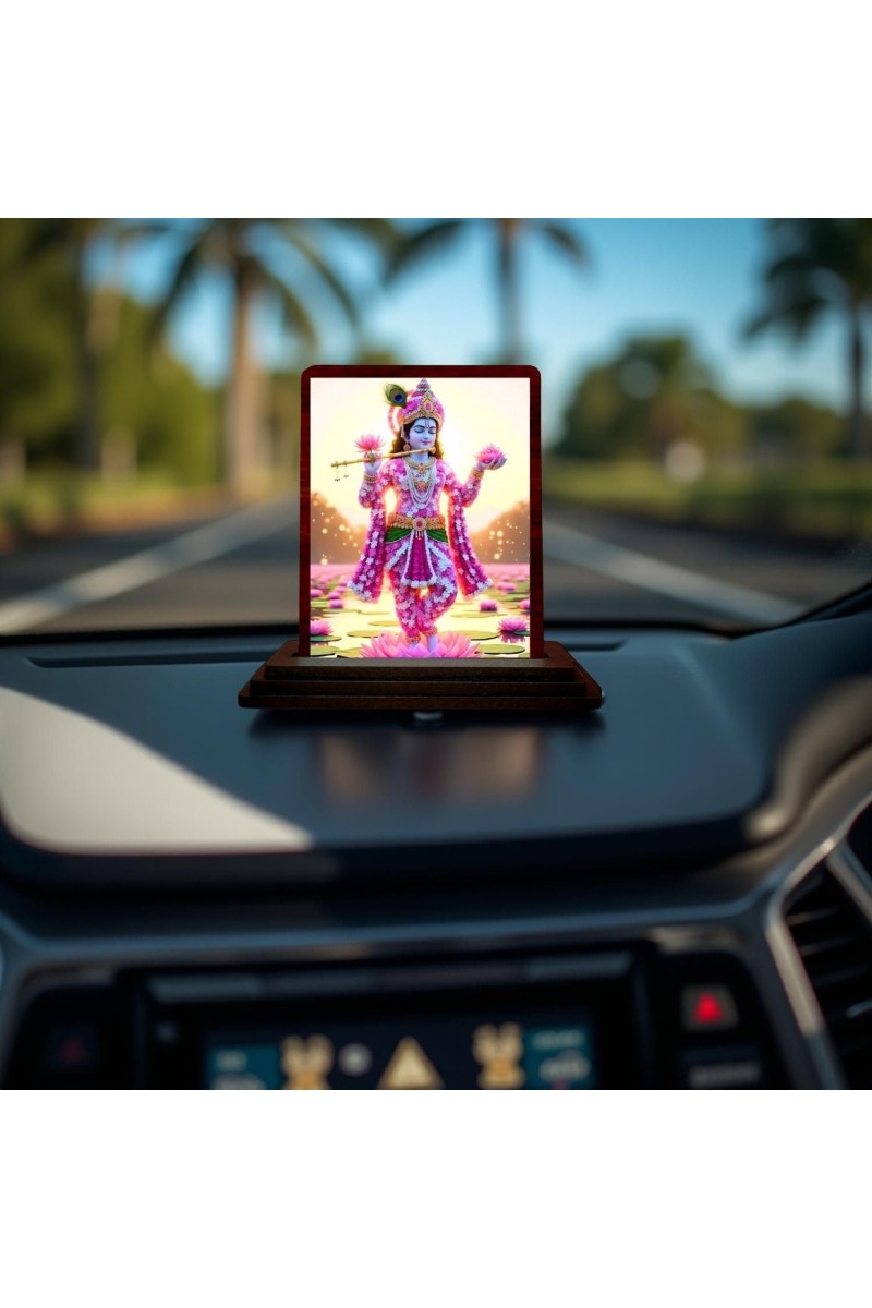 Car Desk/Table Top Lord Krishna Wooden Photo Stand 3x4 Inches, Compact & Stylish Spiritual Display For Car, Home & Office (Pack Of 1) (F14385)