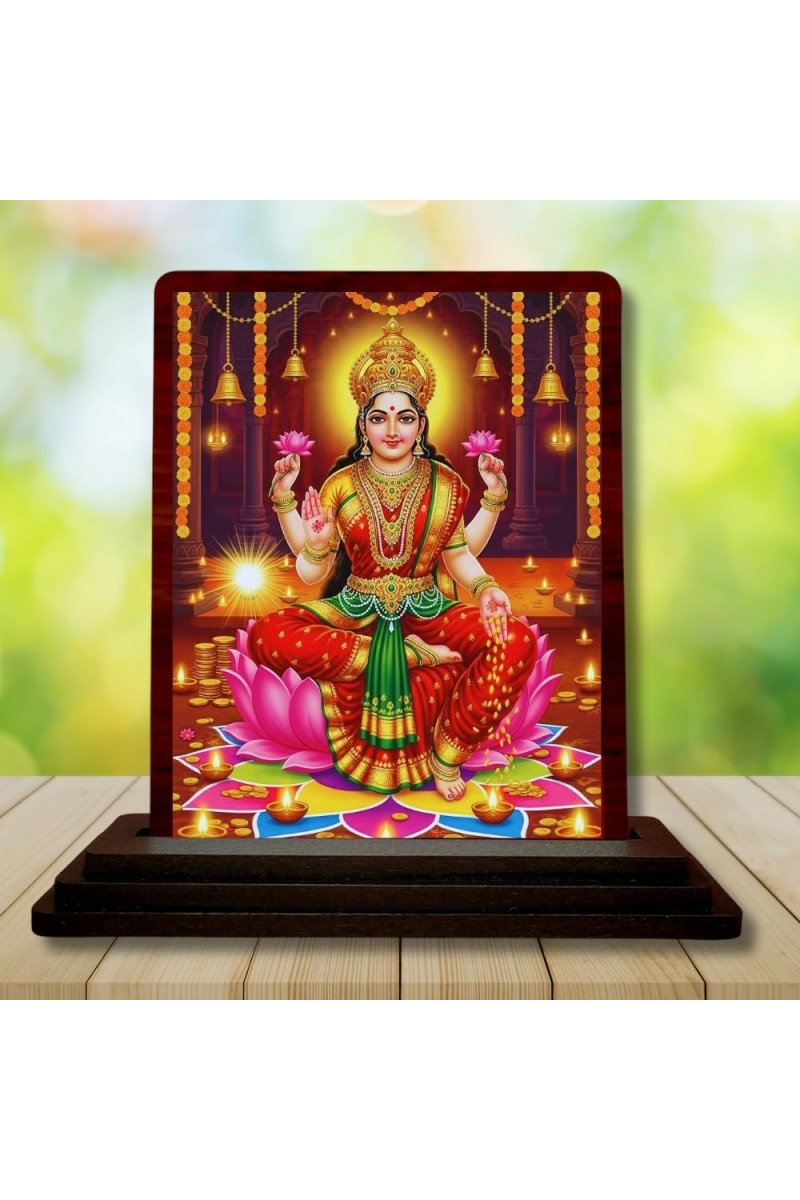 Car Desk/Table Top Maa Laxmi Wooden Photo Stand 3x4 Inches, Compact & Stylish Spiritual Display For Car, Home & Office (Pack Of 1) (F15087)