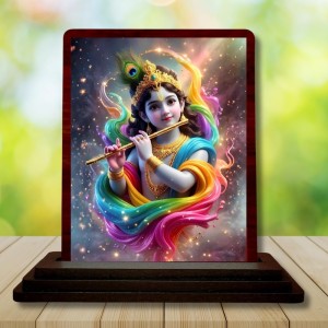Car Desk/Table Top Lord Krishna Wooden Photo Stand 3x4 Inches, Compact & Stylish Spiritual Display For Car, Home & Office (Pack Of 1) (F15114)