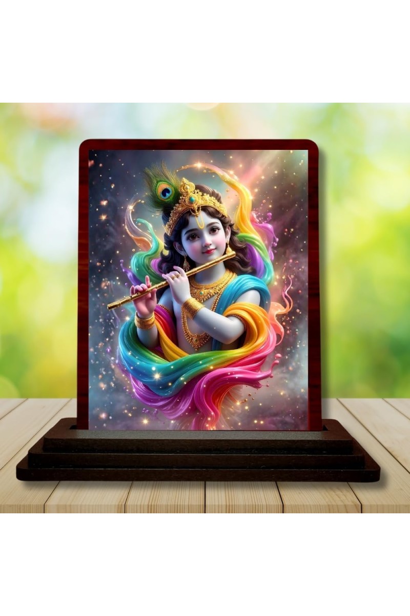 Car Desk/Table Top Lord Krishna Wooden Photo Stand 3x4 Inches, Compact & Stylish Spiritual Display For Car, Home & Office (Pack Of 1) (F15114)