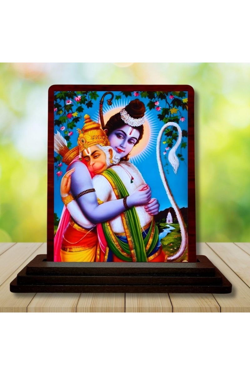 Car Desk/Table Top Lord Rama And Hanuman Wooden Photo Stand 3x4 Inches, Compact & Stylish Spiritual Display For Car, Home & Office (Pack Of 1) (F14136)