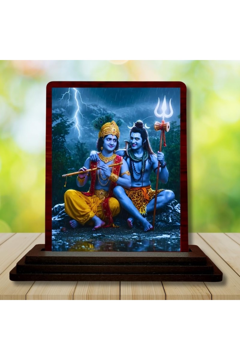 Car Desk/Table Top Lord Shankar Krishna Wooden Photo Stand 3x4 Inches, Compact & Stylish Spiritual Display For Car, Home & Office (Pack Of 1) (F15052)