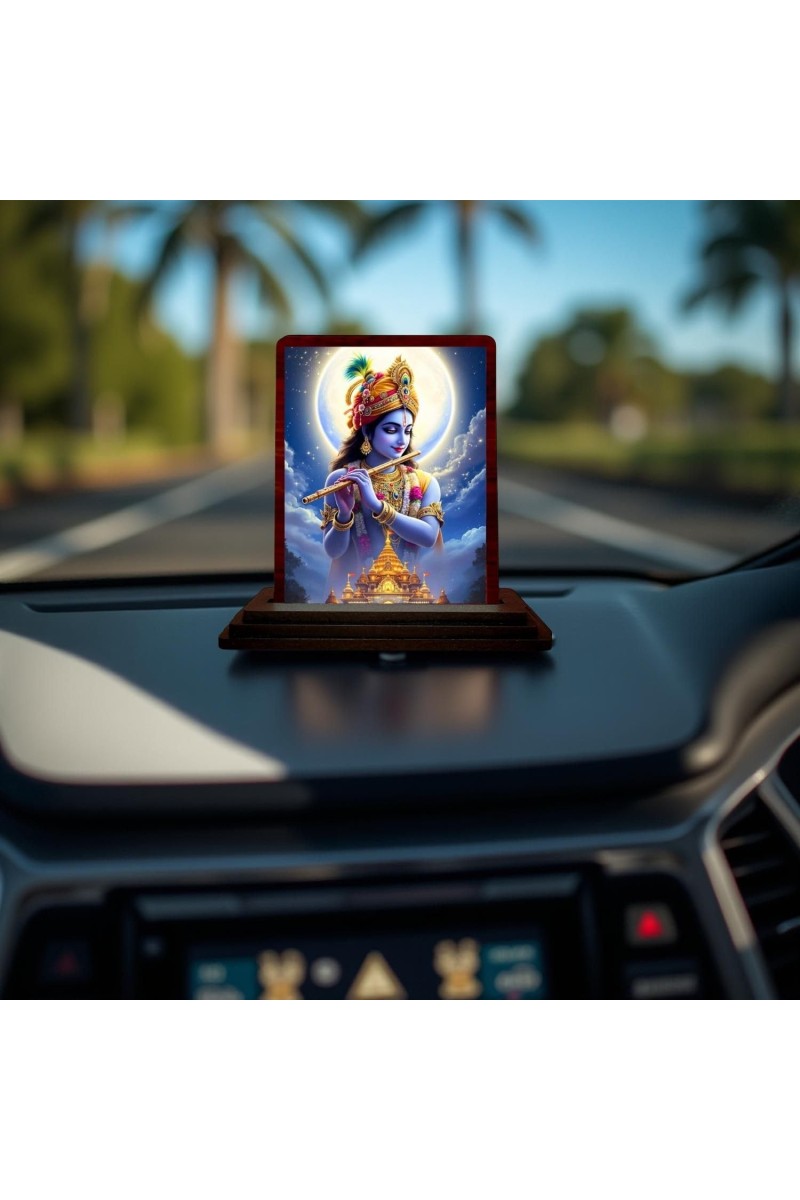 Car Desk/Table Top Lord Krishna Wooden Photo Stand 3x4 Inches, Compact & Stylish Spiritual Display For Car, Home & Office (Pack Of 1) (F14349)