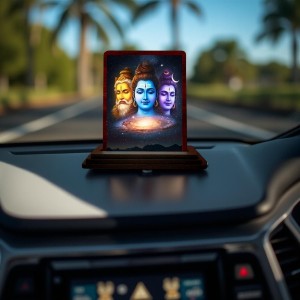 Car Desk/Table Top Bramha Vishnu Shiva Wooden Photo Stand 3x4 Inches, Compact & Stylish Spiritual Display For Car, Home & Office (Pack Of 1) (F14163)