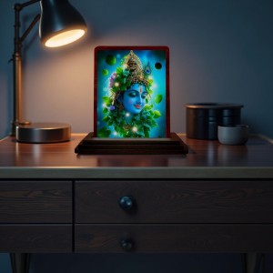 Car Desk/Table Top Lord Krishna Wooden Photo Stand 3x4 Inches, Compact & Stylish Spiritual Display For Car, Home & Office (Pack Of 1) (F14357)