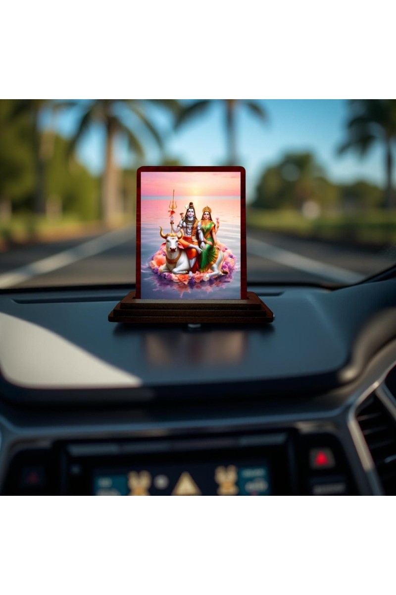 Car Desk/Table Top Lord Shiva And Parvathi Wooden Photo Stand 3x4 Inches, Compact & Stylish Spiritual Display For Car, Home & Office (Pack Of 1) (F14329)