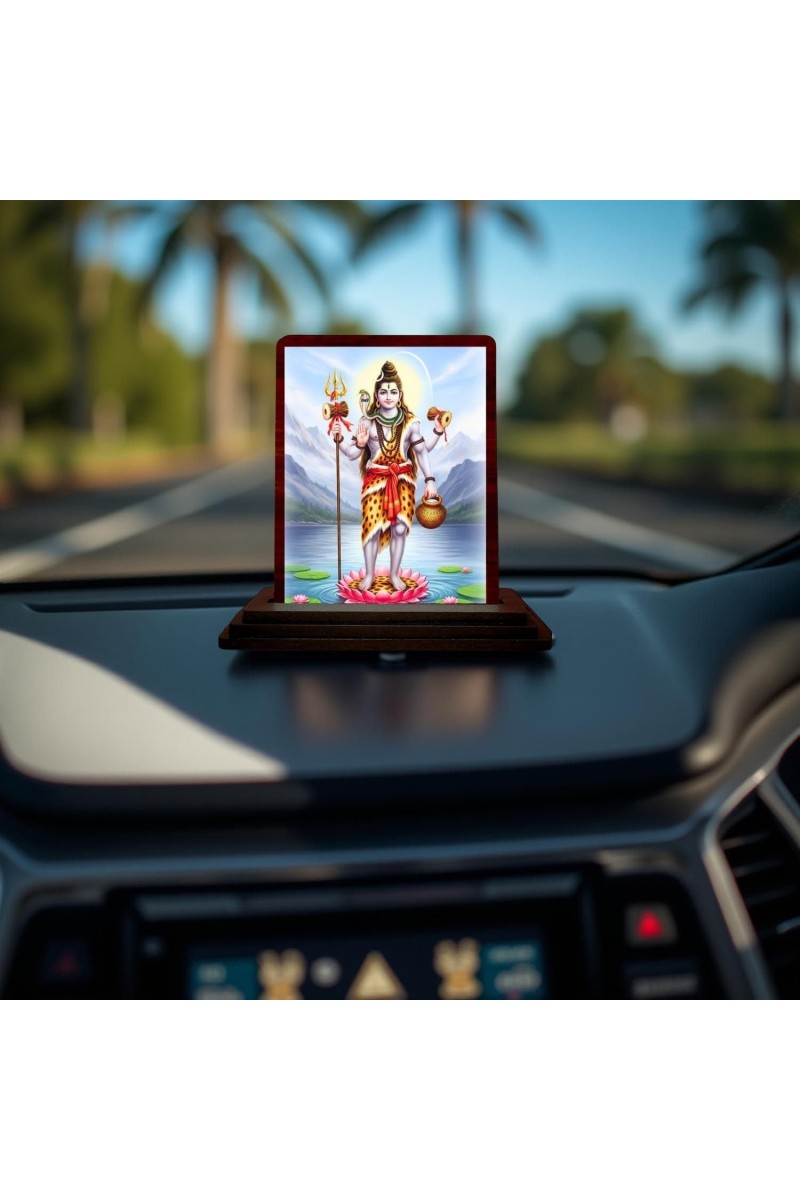 Car Desk/Table Top Lord Shiva Wooden Photo Stand 3x4 Inches, Compact & Stylish Spiritual Display For Car, Home & Office (Pack Of 1) (F14305)