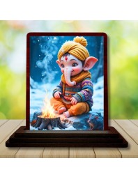 Car Desk/Table Top Lord Ganesha Wooden Photo Stand 3x4 Inches, Compact & Stylish Spiritual Display For Car, Home & Office (Pack Of 1) (F14353)