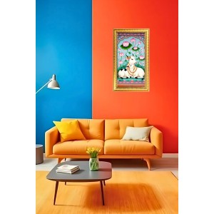 Pichwai Cow And Calf In A Lotus Pond Digital Golden Color Photo Frame | Hindu Religious Wall Decor | 8x15 Inches - Inspirational Wall Art For Office, Home Decor - Ideal Spiritual Gift (F10311)