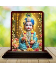 Car Desk/Table Top Lord Little Krishna Wooden Photo Stand 3x4 Inches, Compact & Stylish Spiritual Display For Car, Home & Office (Pack Of 1) (F14232)