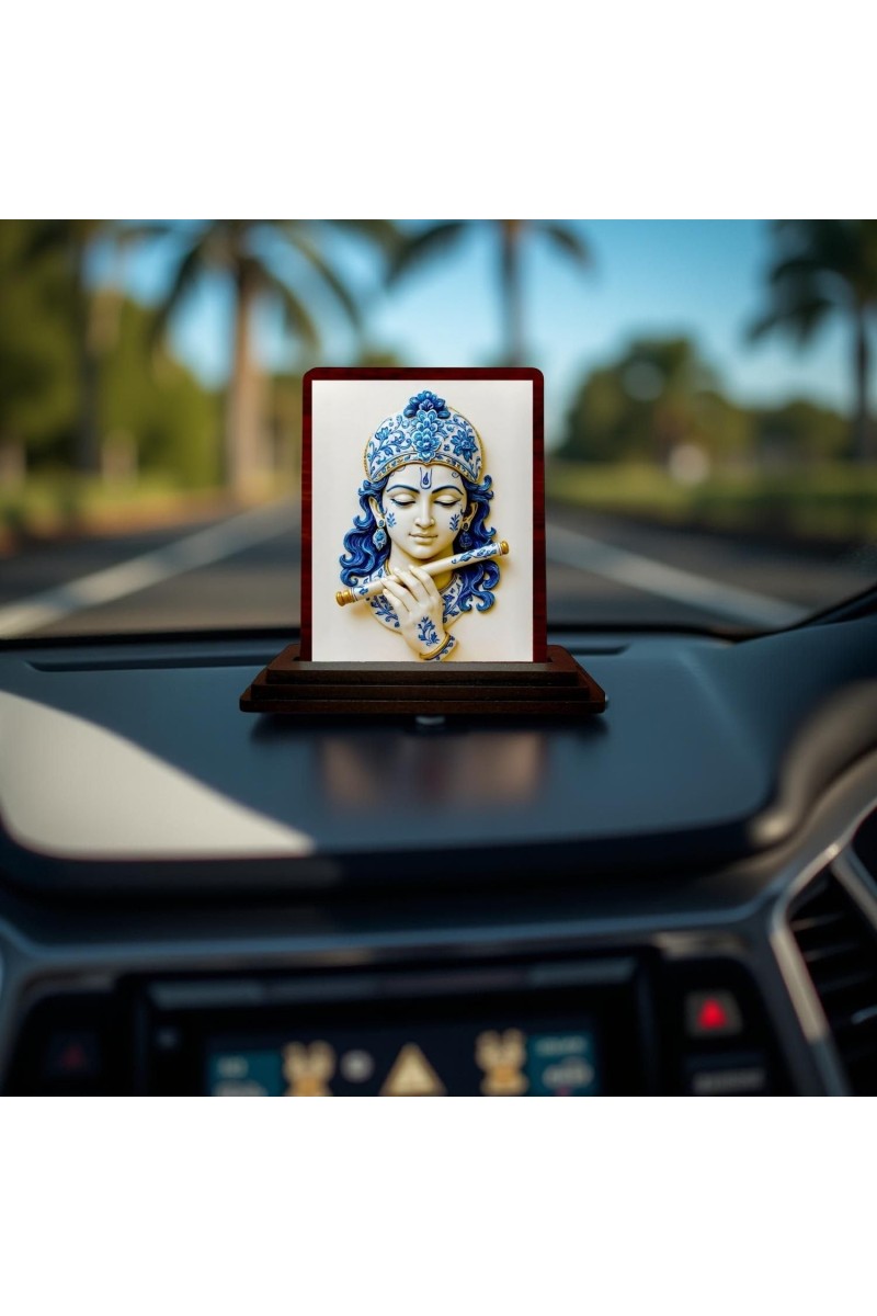 Car Desk/Table Top Lord Krishna Wooden Photo Stand 3x4 Inches, Compact & Stylish Spiritual Display For Car, Home & Office (Pack Of 1) (F14283)