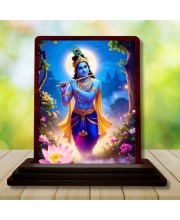 Car Desk/Table Top Lord Krishna Wooden Photo Stand 3x4 Inches, Compact & Stylish Spiritual Display For Car, Home & Office (Pack Of 1) (F14291)