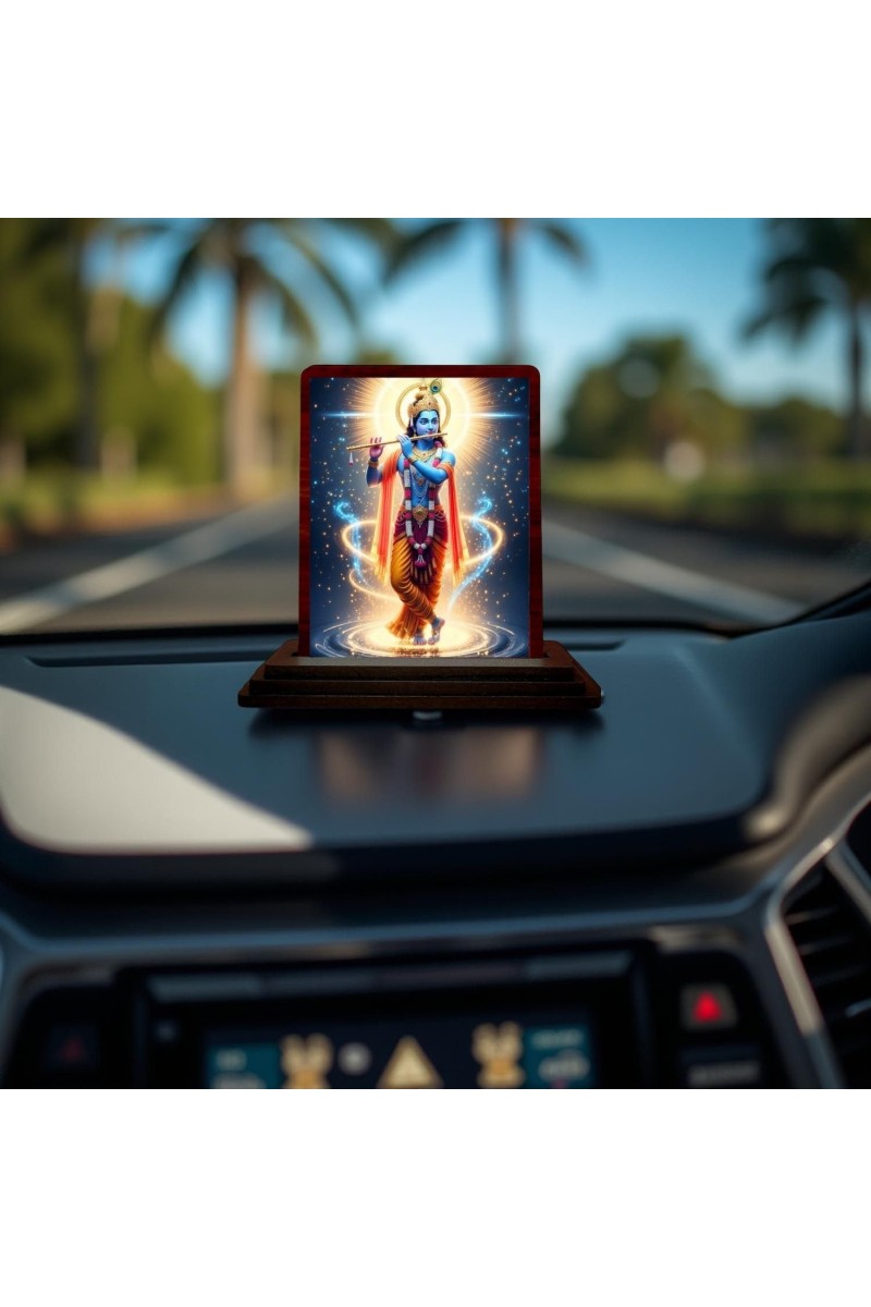 Car Desk/Table Top Lord Krishna Wooden Photo Stand 3x4 Inches, Compact & Stylish Spiritual Display For Car, Home & Office (Pack Of 1) (F14350)