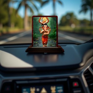 Car Desk/Table Top Lord Ganesha Wooden Photo Stand 3x4 Inches, Compact & Stylish Spiritual Display For Car, Home & Office (Pack Of 1) (F14351)