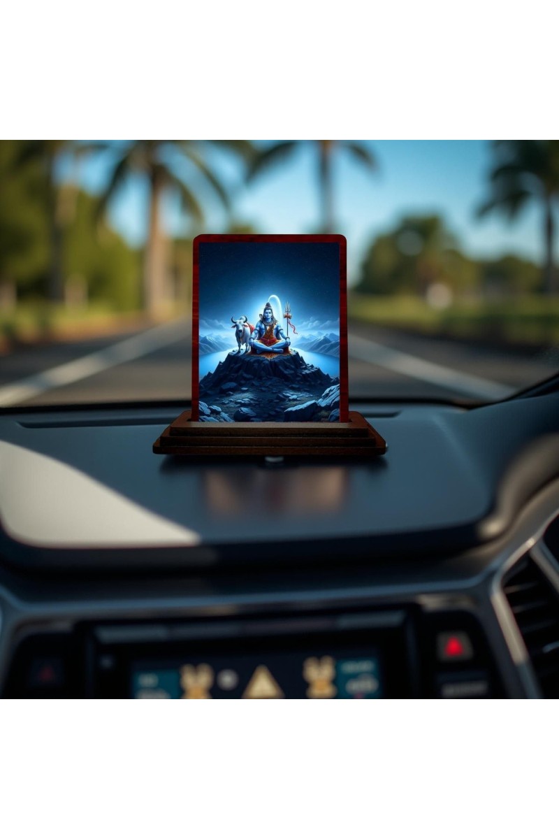 Car Desk/Table Top Lord Shiva Wooden Photo Stand 3x4 Inches, Compact & Stylish Spiritual Display For Car, Home & Office (Pack Of 1) (F14308)