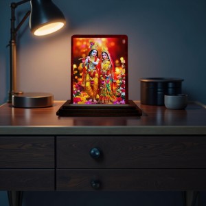 Car Desk/Table Top Radha Krishna Wooden Photo Stand 3x4 Inches, Compact & Stylish Spiritual Display For Car, Home & Office (Pack Of 1) (F14226)