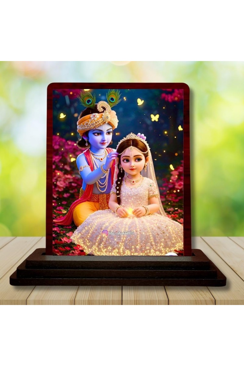 Car Desk/Table Top Radha Krishna Wooden Photo Stand 3x4 Inches, Compact & Stylish Spiritual Display For Car, Home & Office (Pack Of 1) (F14389)