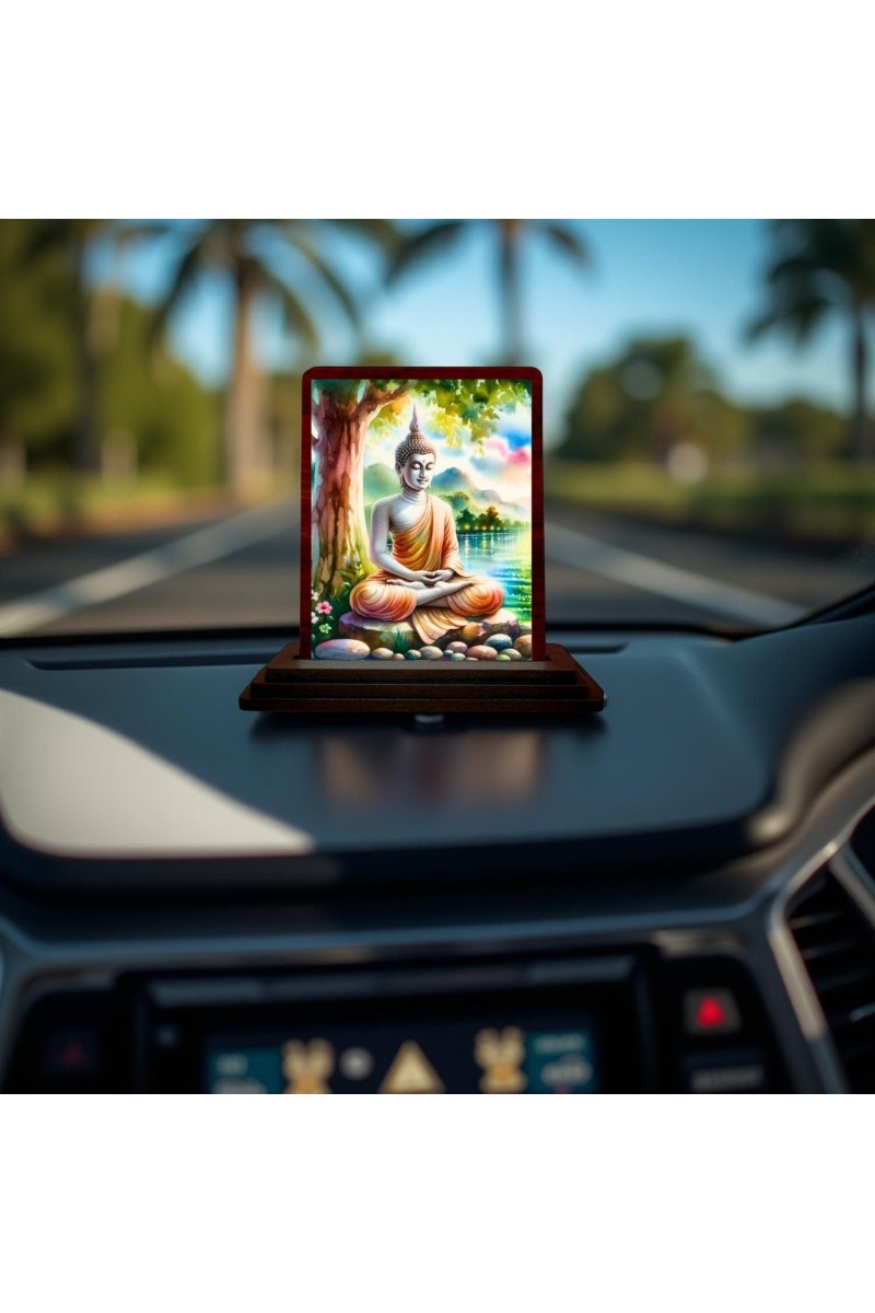 Car Desk/Table Top Lord Buddha Wooden Photo Stand 3x4 Inches, Compact & Stylish Spiritual Display For Car, Home & Office (Pack Of 1) (F14486)