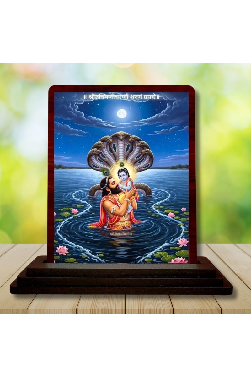 Car Desk/Table Top Lord Krishna Wooden Photo Stand 3x4 Inches, Compact & Stylish Spiritual Display For Car, Home & Office (Pack Of 1) (F14301)