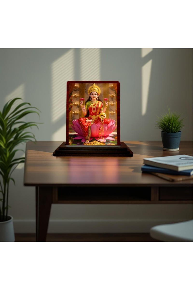 Car Desk/Table Top Maa Laxmi Wooden Photo Stand 3x4 Inches, Compact & Stylish Spiritual Display For Car, Home & Office (Pack Of 1) (F15070)