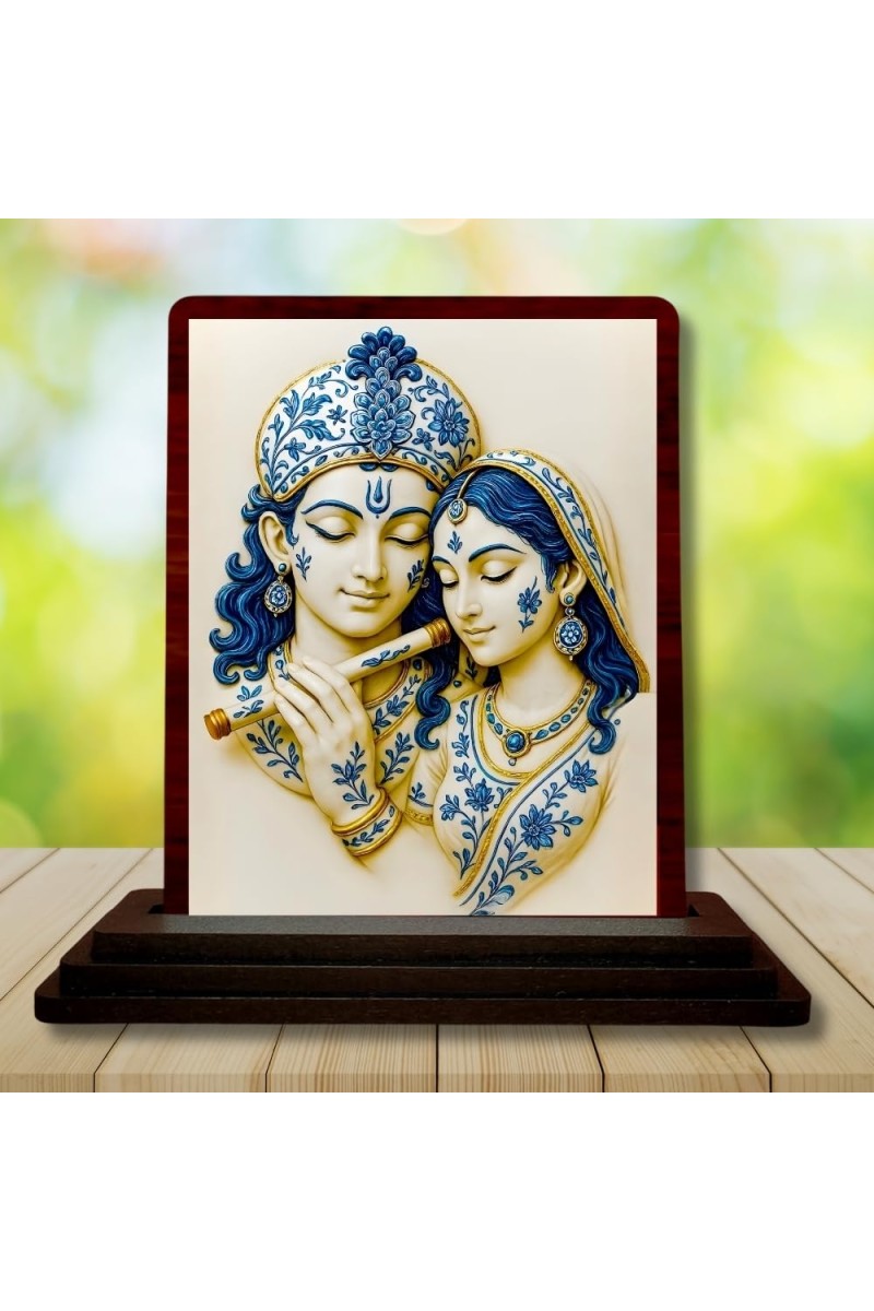 Car Desk/Table Top Lord Radha Krishna Wooden Photo Stand 3x4 Inches, Compact & Stylish Spiritual Display For Car, Home & Office (Pack Of 1) (F15180)