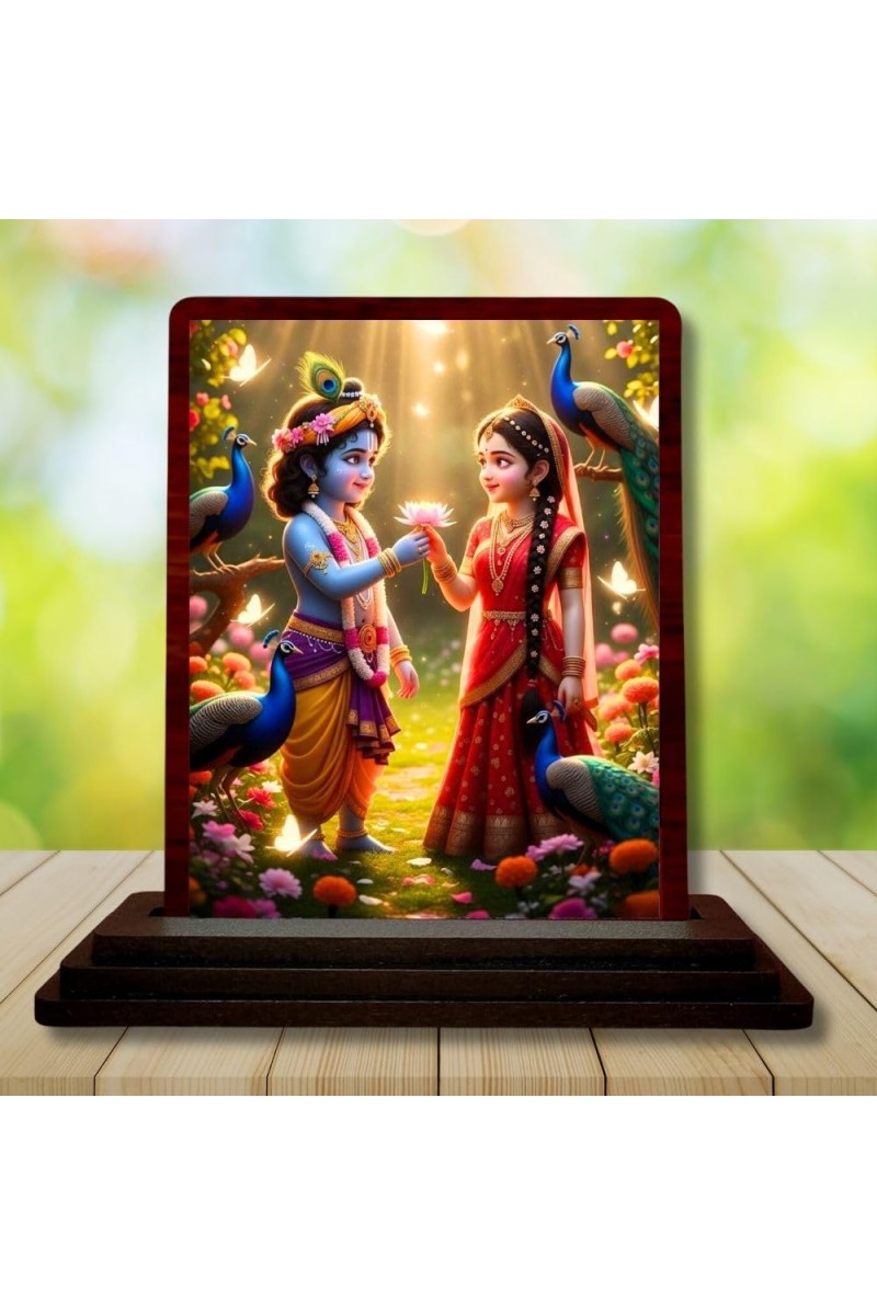 Car Desk/Table Top Radha Krishna Wooden Photo Stand 3x4 Inches, Compact & Stylish Spiritual Display For Car, Home & Office (Pack Of 1) (F14369)