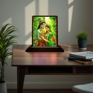Car Desk/Table Top Lord Radha Krishna Wooden Photo Stand 3x4 Inches, Compact & Stylish Spiritual Display For Car, Home & Office (Pack Of 1) (F15126)