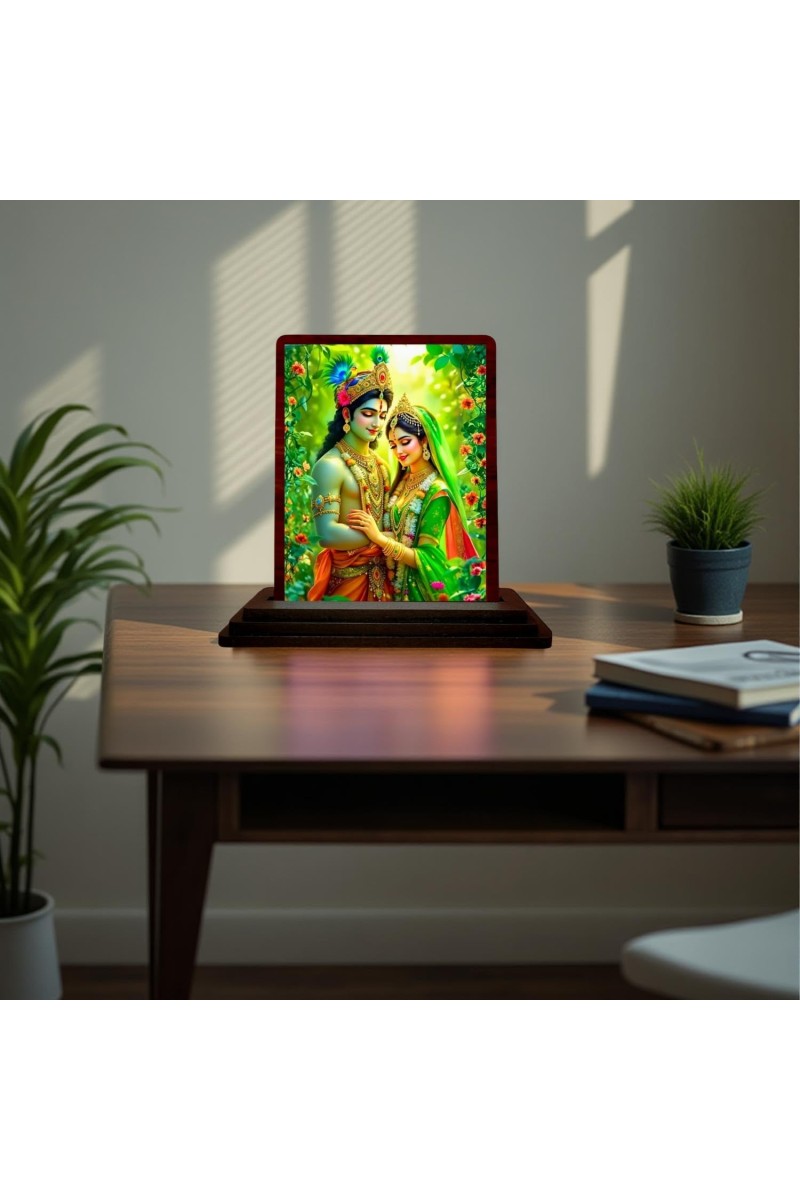 Car Desk/Table Top Lord Radha Krishna Wooden Photo Stand 3x4 Inches, Compact & Stylish Spiritual Display For Car, Home & Office (Pack Of 1) (F15126)