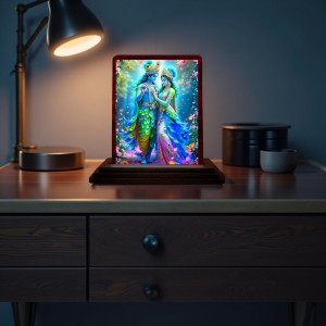 Car Desk/Table Top Radha Krishna Wooden Photo Stand 3x4 Inches, Compact & Stylish Spiritual Display For Car, Home & Office (Pack Of 1) (F14229)