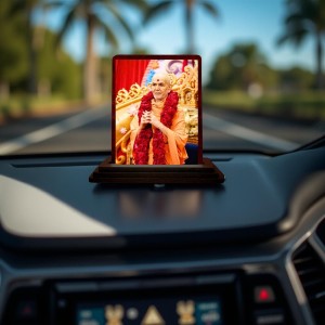 Car Desk/Table Top Mahant Swami Maharaj Wooden Photo Stand 3x4 Inches, Compact & Stylish Spiritual Display For Car, Home & Office (Pack Of 1) (F14142)