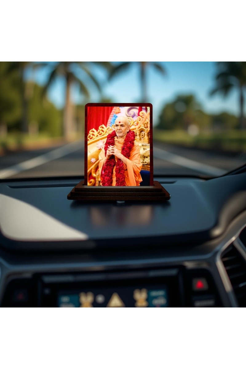 Car Desk/Table Top Mahant Swami Maharaj Wooden Photo Stand 3x4 Inches, Compact & Stylish Spiritual Display For Car, Home & Office (Pack Of 1) (F14142)