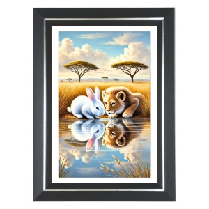 Lion Cub And A Rabbit Photo Wall & Table Frame | 16x20 Inch Black Designer | Perfect For Gifting & Home Decor (F9647)