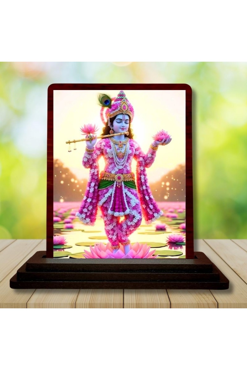Car Desk/Table Top Lord Krishna Wooden Photo Stand 3x4 Inches, Compact & Stylish Spiritual Display For Car, Home & Office (Pack Of 1) (F14385)