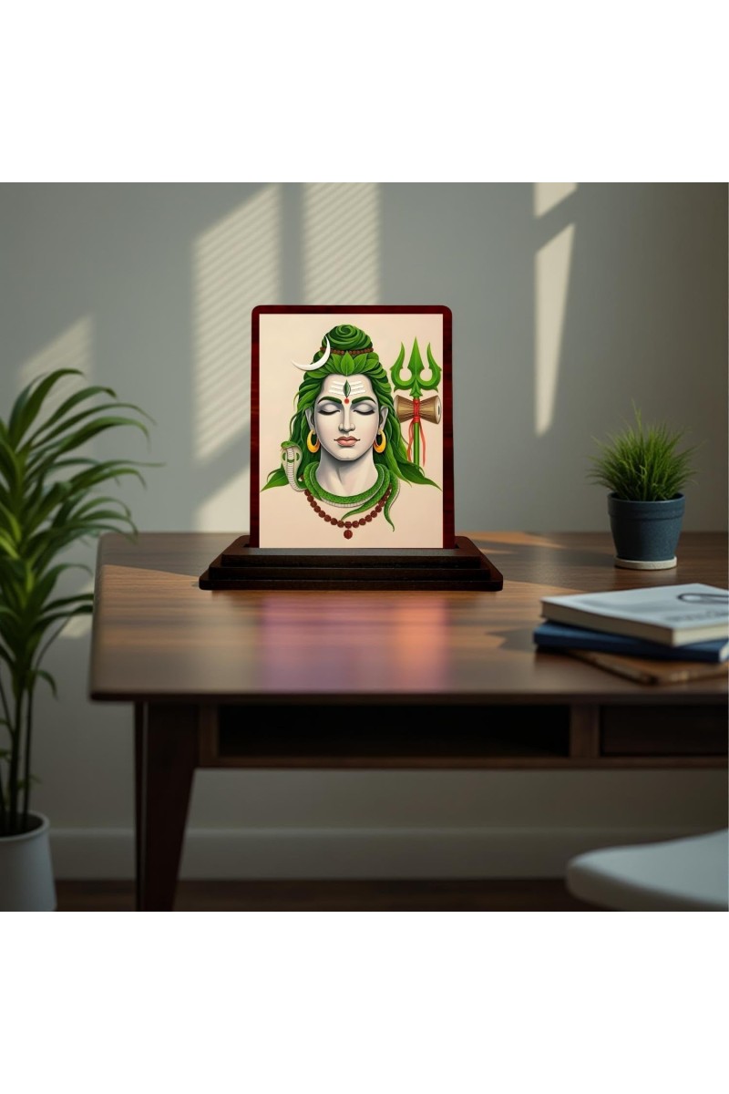 Car Desk/Table Top Lord Shiva Wooden Photo Stand 3x4 Inches, Compact & Stylish Spiritual Display For Car, Home & Office (Pack Of 1) (F15159)