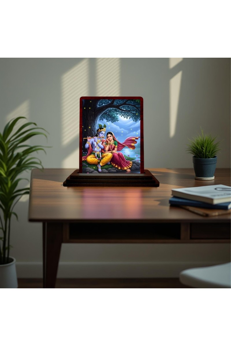 Car Desk/Table Top Lord Radha Krishna Wooden Photo Stand 3x4 Inches, Compact & Stylish Spiritual Display For Car, Home & Office (Pack Of 1) (F15171)