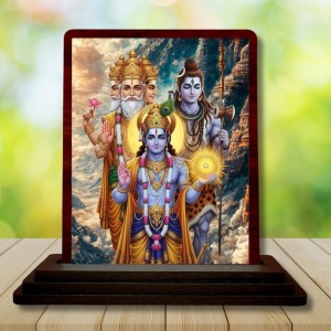 Car Desk/Table Top Lord Vishnu Shankar Bramha Wooden Photo Stand 3x4 Inches, Compact & Stylish Spiritual Display For Car, Home & Office (Pack Of 1) (F15187)