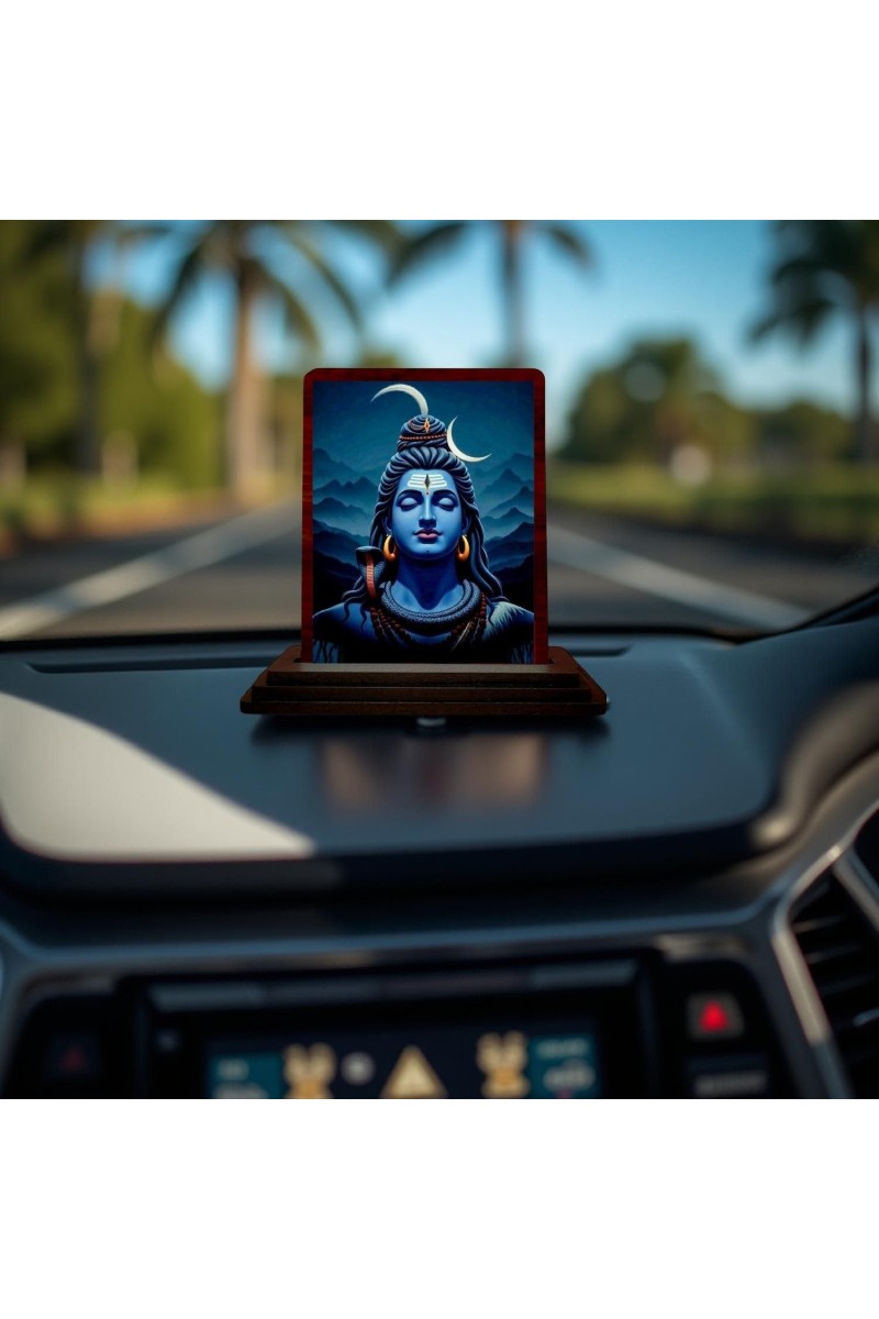 Car Desk/Table Top Lord Shiva Wooden Photo Stand 3x4 Inches, Compact & Stylish Spiritual Display For Car, Home & Office (Pack Of 1) (F14256)
