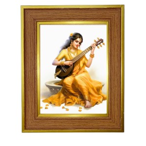 Goddess Saraswati, Photo Frame 10x14 Inches-Brown Wooden Frame For Home, Office & Temple Decoration And Gifting (F6419)