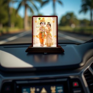 Car Desk/Table Top Radha Krishna Wooden Photo Stand 3x4 Inches, Compact & Stylish Spiritual Display For Car, Home & Office (Pack Of 1) (F14512)