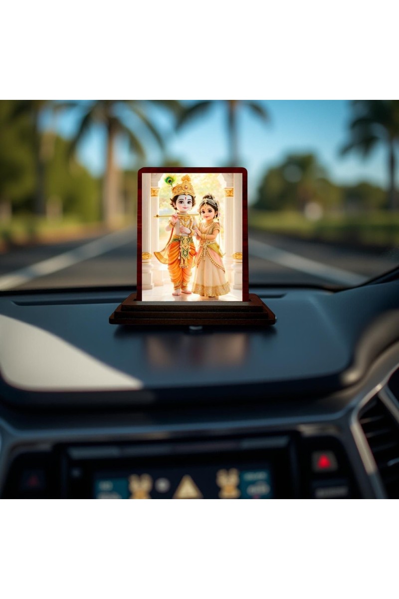Car Desk/Table Top Radha Krishna Wooden Photo Stand 3x4 Inches, Compact & Stylish Spiritual Display For Car, Home & Office (Pack Of 1) (F14512)
