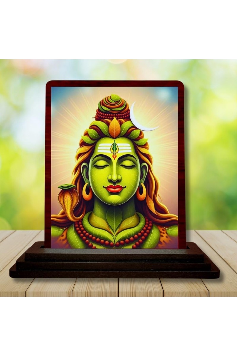 Car Desk/Table Top Lord Shiva Wooden Photo Stand 3x4 Inches, Compact & Stylish Spiritual Display For Car, Home & Office (Pack Of 1) (F14181)