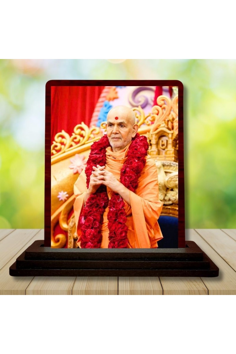 Car Desk/Table Top Mahant Swami Maharaj Wooden Photo Stand 3x4 Inches, Compact & Stylish Spiritual Display For Car, Home & Office (Pack Of 1) (F14142)